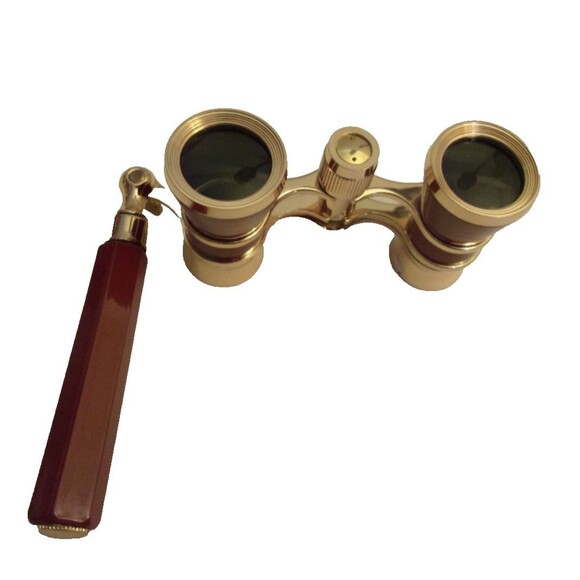 Opera Glasses Handle.Gold Metal Brick Red Resin Plastic Leather Case Magnifier - Picture 2 of 5
